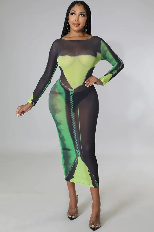 Sexy Round Neck Tie Dye Printed Long Sleeve Sheer Mesh Midi Dress - Green Comfortable Denim Midi Dress