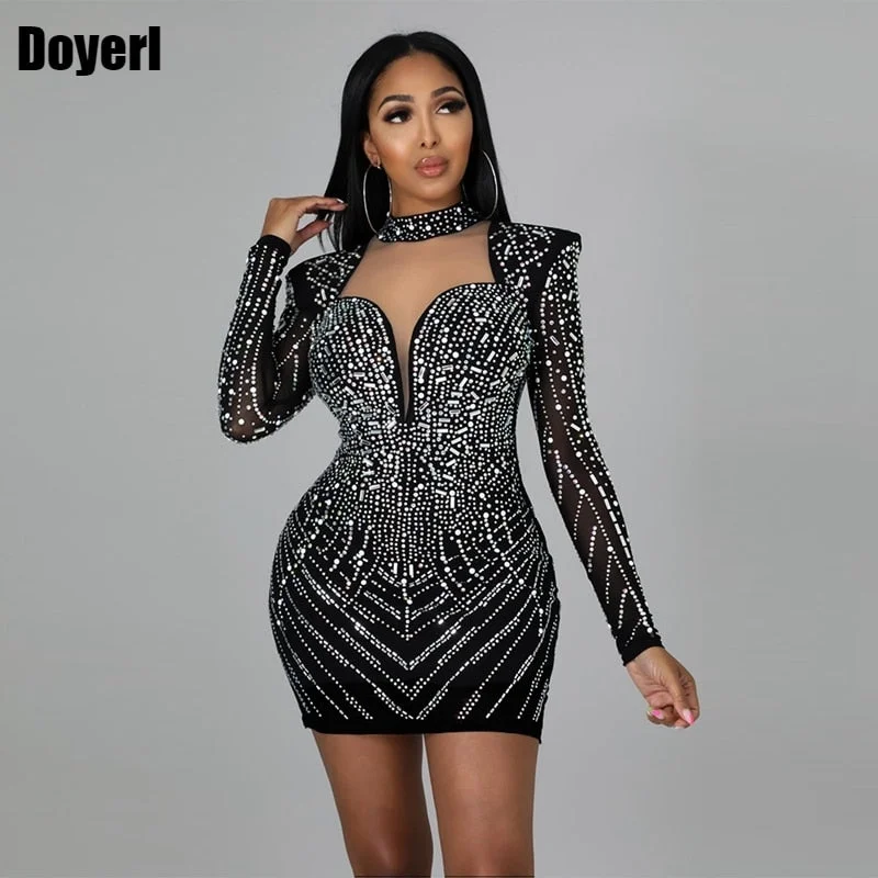 Sexy Sparkly Birthday Dress for Women Rhinestone Evening Elegant Christmas Dress Long Sleeve Tight Bodycon Party Mini Dress Club Elegant Lace-Up Mini Dress