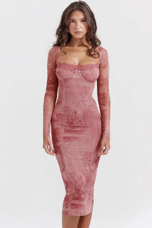 Sexy Sweetheart Lace Up Back Bodycon Printed Cocktail Party Midi Dress - Pink Comfortable Casual Midi Dress