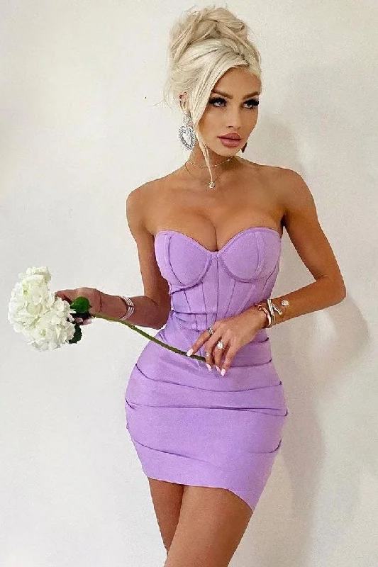 Sexy Sweetheart Strapless Pleated Bodycon Bandage Mini Dress - Purple Fashionable Polka Dot Mini Dress