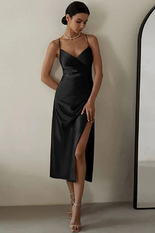 Sexy V Neck Ruched Trim High Split Cami Cocktail Party Midi Dress - Black Cozy Spaghetti Strap Midi Dress