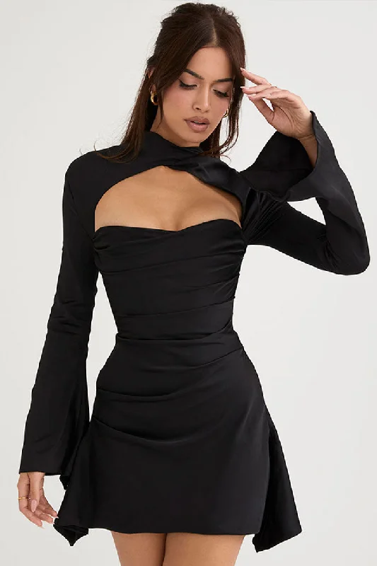 Silky Gathered High Neck Long Sleeve Cutout Party Mini Dress - Black Trendy Tulle Mini Dress