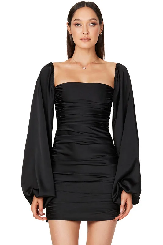 Silky Satin Square Neck Bishop Sleeve Ruched Party Mini Dress - Black Stylish Ruffle Mini Dress