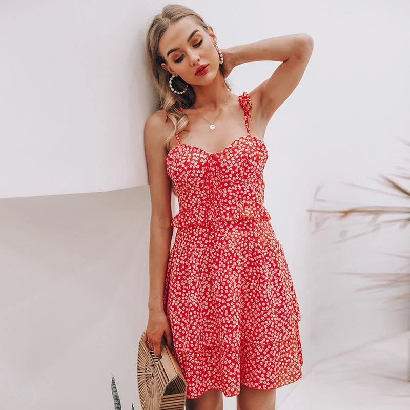 Boho Style Sleeveless Floral Print Summer Dress High Waist Ruffle Mini Dress Fashionable A-Line Mini Dress