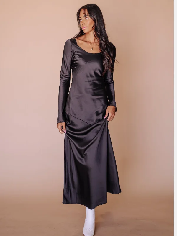 Siri Satin Long Sleeve Midi Dress Stylish Color Block Midi Dress