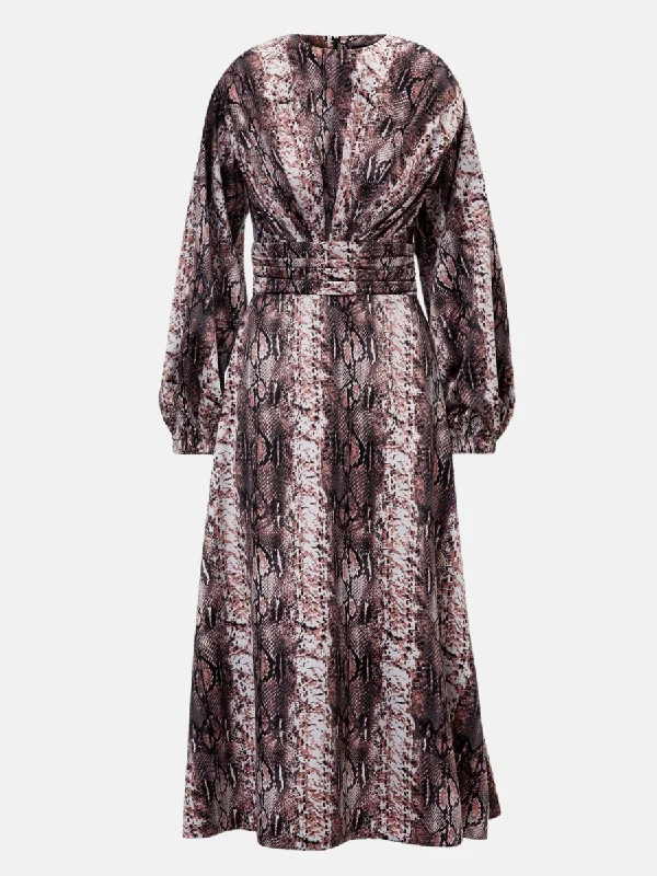 Snake Print Midi Dress With Shoulder Pads Detail And Pleats Stylish Long Sleeve Floral Midi Dress