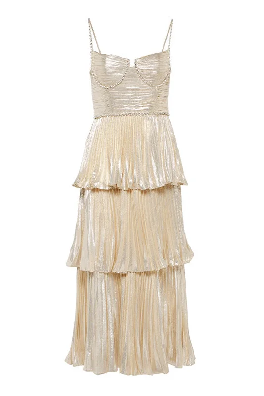 Sparkly Crystal Bustier Sleeveless Metallic Pleated Tiered Cocktail Midi Dress Fashionable Wide Leg Midi Dress Sparkly Crystal Bustier Sleeveless Metallic Pleated Tiered Cocktail Midi Dress Fashionable Wide Leg Midi Dress