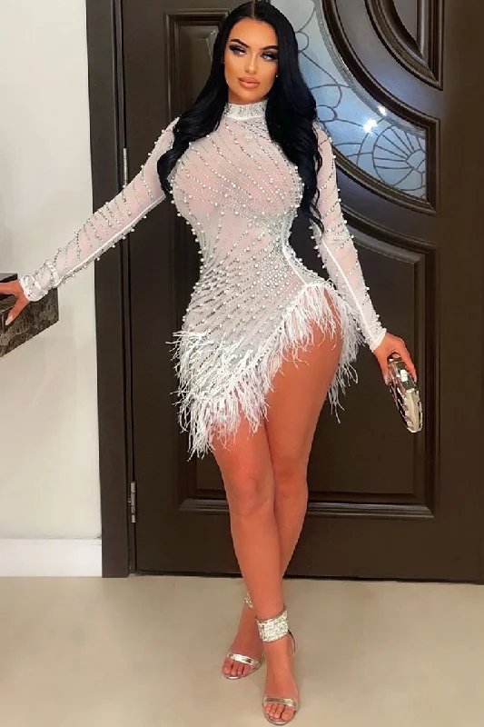 Sparkly Crystal High Neck Sheer Mesh Bodycon Feather Party Mini Dress - White Classic Solid Mini Dress