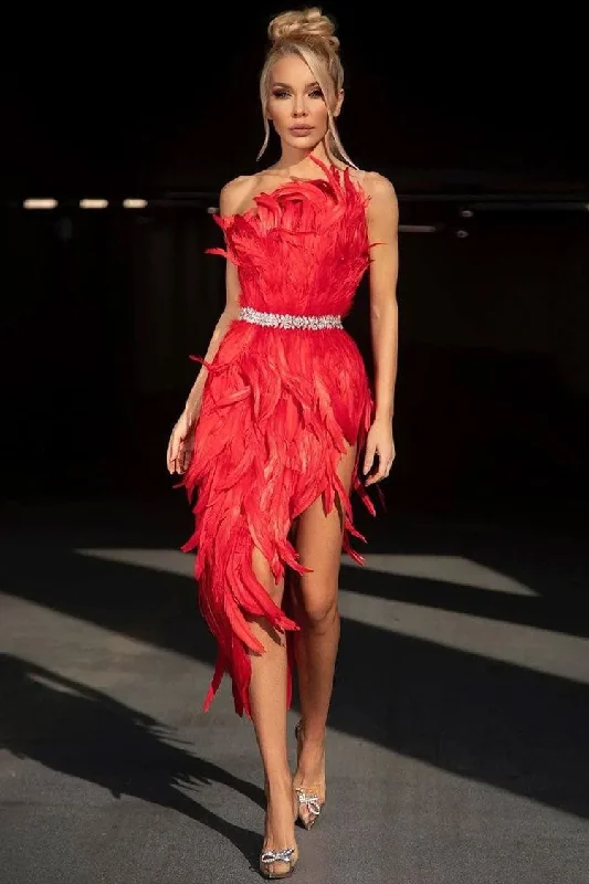 Sparkly Crystal One Shoulder High Slit Feather Midi Dress - Red Fashionable Casual Midi Dress