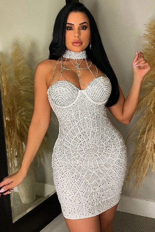 Sparkly Rhinestone Chain Halter Sweetheart Bodycon Party Mini Dress - White Chic Puff Sleeve Mini Dress