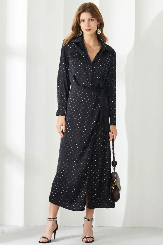 Sparkly Rhinestone Dotted Collared Long Sleeve Belted Shirt Midi Dress - Black Cozy Tie-Dye Midi Dress