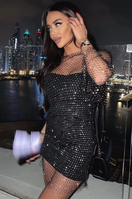 Sparkly Rhinestone Long Sleeve Fishnet Sheer Club Mini Dress - Black Casual Mini Dress with Pockets