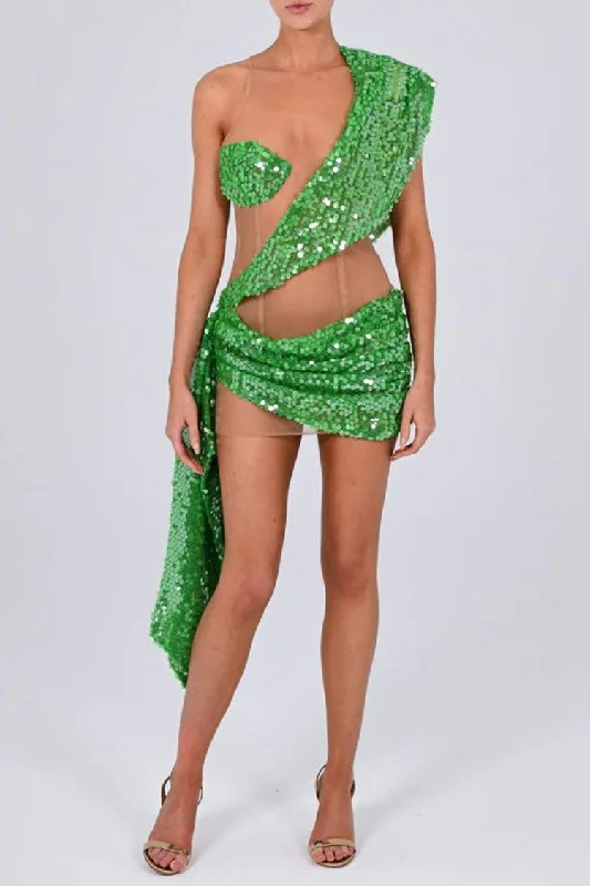 Sparkly Sequin Panel Sheer Mesh Ruched Draped Bodycon Club Mini Dress - Green Trendy Floral Mini Dress