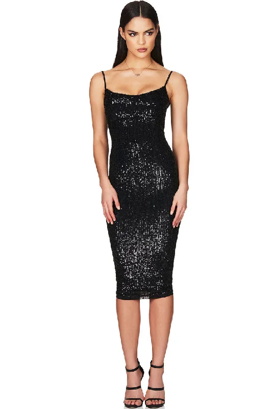 Sparkly Sequin Scoop Neck Spaghetti Strap Cocktail Party Midi Dress - Black Stylish Pleated Skirt Midi Dress