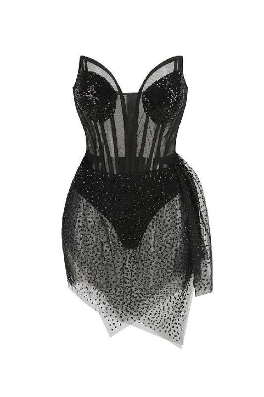 Sparkly Sequin Sweetheart Bustier Sheer Mesh Corset Rhinestone Club Mini Dress Casual Mini Dress with Pockets