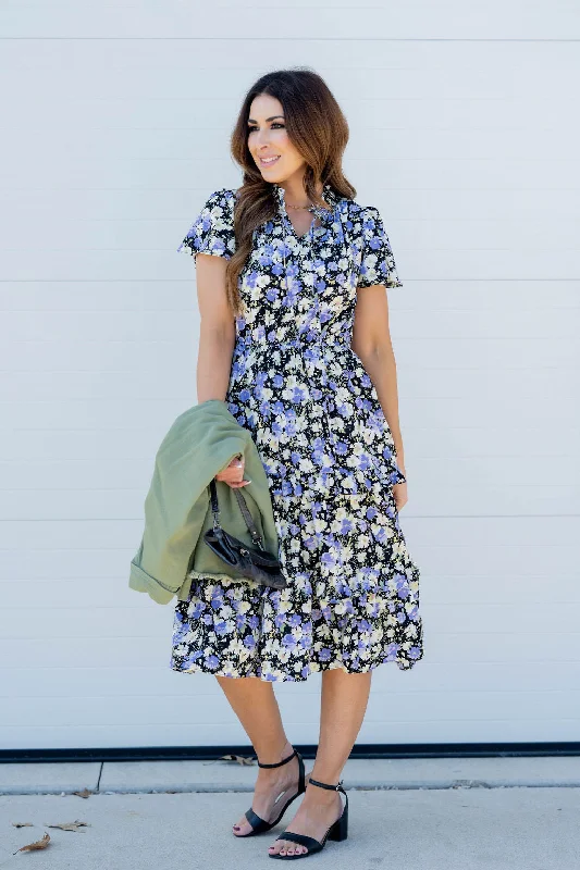 Speckled Floral Cap Sleeve Midi Dress Fashionable High-Low Midi Dress