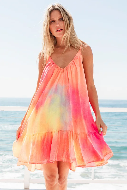 St. Tropez Neon Tie Dye Ruffle Mini Dress by 9Seed Stylish Summer Mini Dress