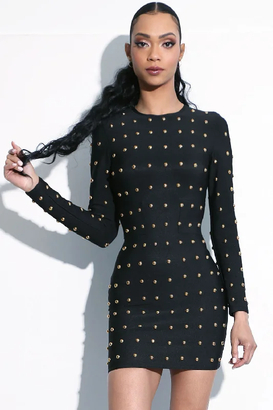 KARA | Women's Black Long Sleeve Gold Stud Mini Dress Fashionable A-Line Mini Dress