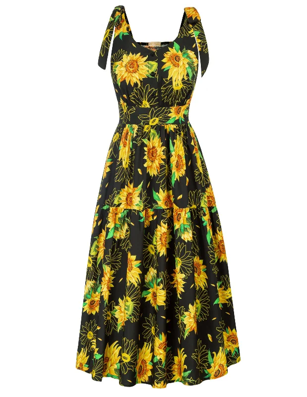 Sunflower Printed Tiered Midi Dress Sleeveless V-Neck Defined Waist A-Line Dress Comfortable Denim Midi Dress