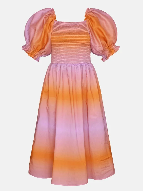 Sunset Purple Orange Smocked Midi Dress Comfortable Casual Midi Dress