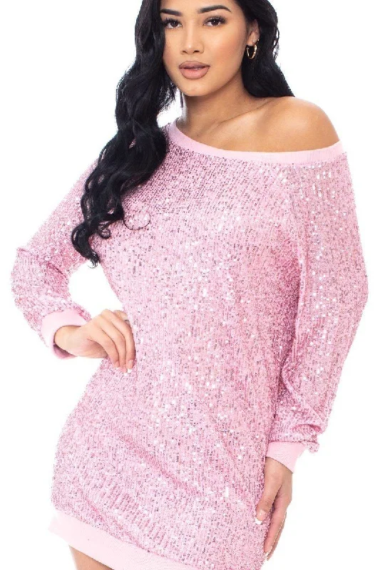 Sequin Wide Neck Boxy Mini Dress Comfortable Ruffle Mini Dress