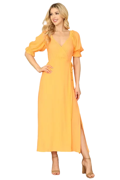 Tangerine Wrap Puff Sleeve Side Slit Solid Midi Dress -  Pack of 5 Trendy Off-Shoulder Ruffle Midi Dress