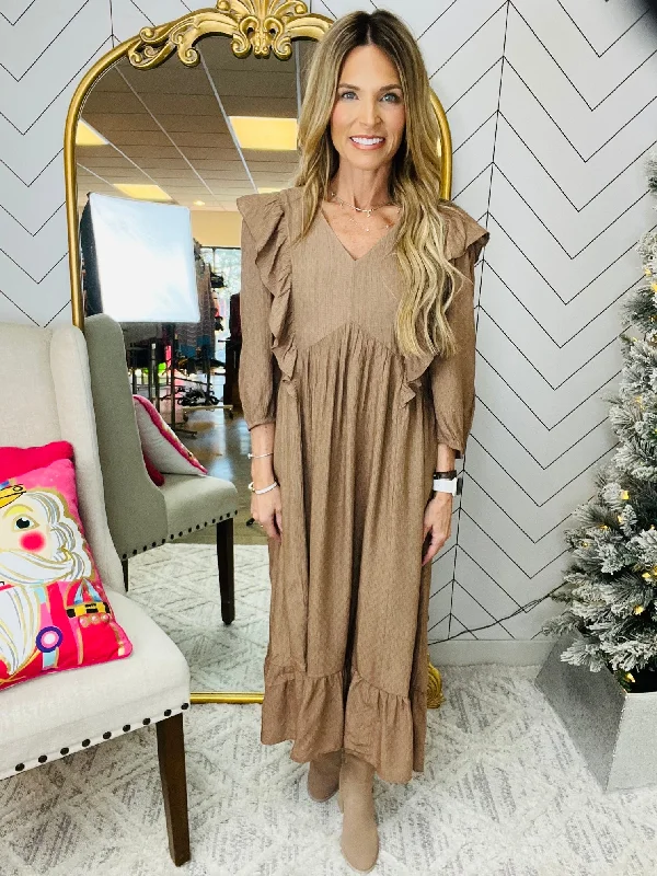 THE MOCHA MIDI DRESS Elegant Faux Wrap Midi Dress