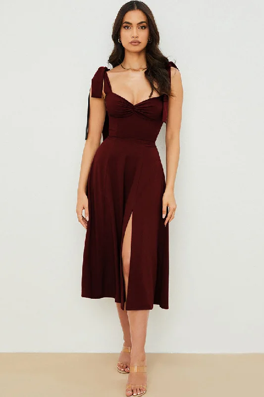 Tie Strap Fit & Flare High Slit Slip Midi Dress - Dark Wine Trendy Tiered Hem Midi Dress