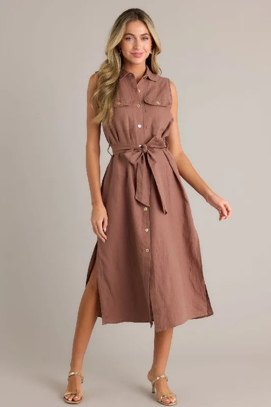 Timeless Grace Brown Tie-Front Midi Dress Fashionable Skater Midi Dress