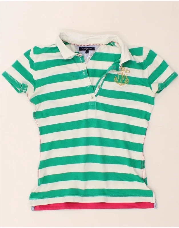 TOMMY HILFIGER Womens Polo Shirt UK 10 Small Green Striped Cotton Soft Cotton Short Tee