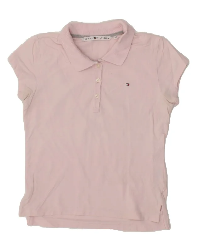 TOMMY HILFIGER Womens Polo Shirt UK 10 Small Pink Cotton Stylish Striped Short Sleeve