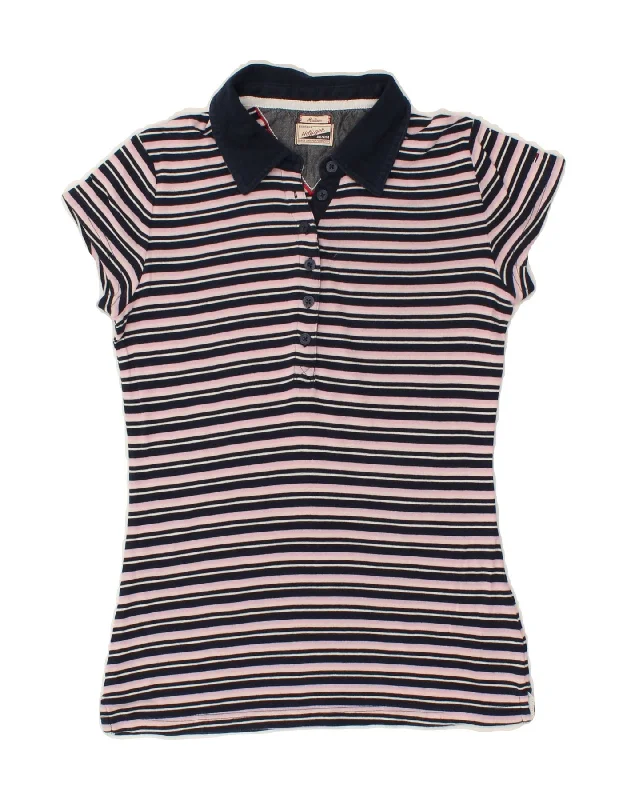 TOMMY HILFIGER Womens Polo Shirt UK 12 Medium Navy Blue Striped Cotton Modern Short Sleeve Top