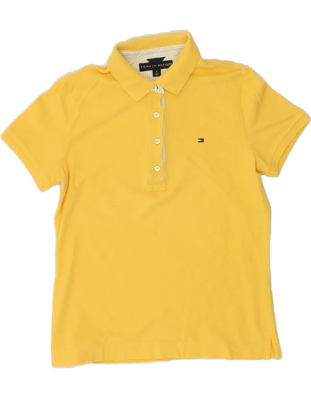 TOMMY HILFIGER Womens Polo Shirt UK 12 Medium Yellow Cotton Trendy Short Sleeve Blouse