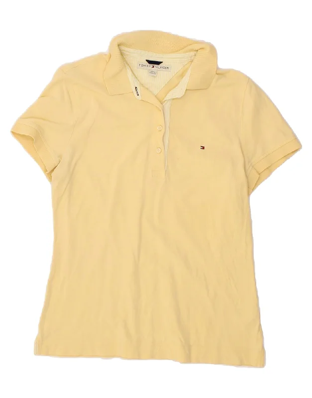 TOMMY HILFIGER Womens Polo Shirt UK 14 Large Yellow Cotton Comfortable Loose Short Sleeve