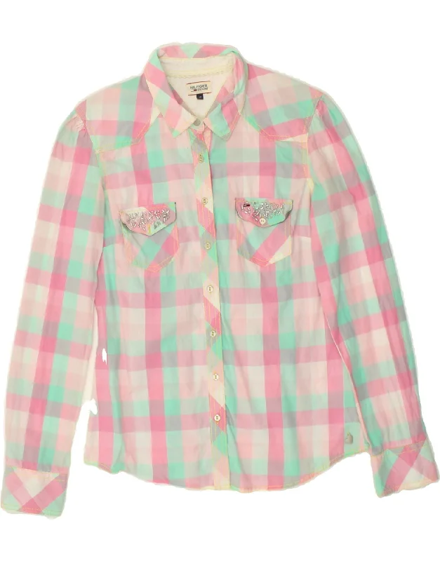 TOMMY HILFIGER Womens Shirt UK 12 Medium Pink Check Cotton Cozy Loose Fit Short Sleeve