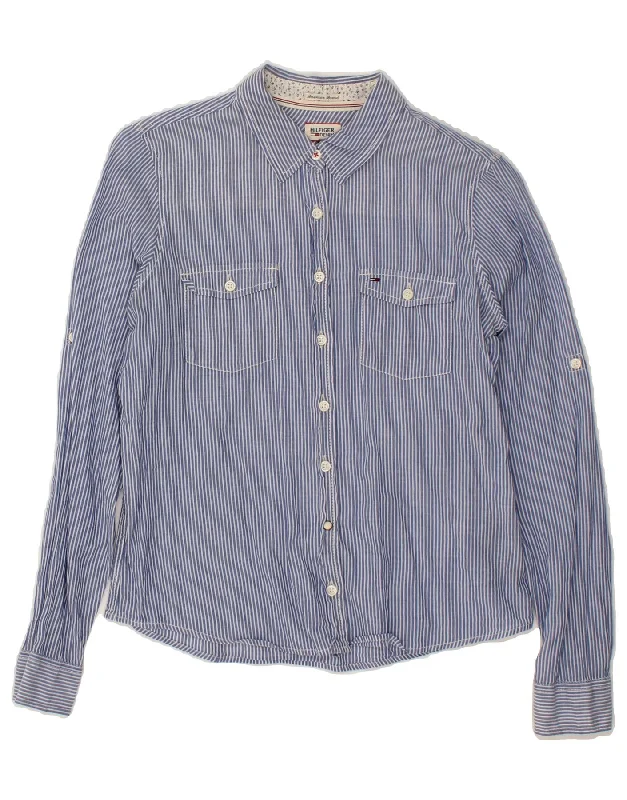 TOMMY HILFIGER Womens Shirt UK 14 Medium Blue Striped Cotton Comfortable Knit Short Shirt