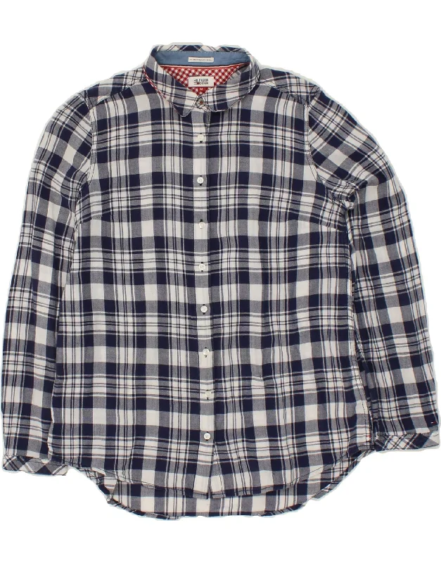 TOMMY HILFIGER Womens Shirt UK 14 Medium Navy Blue Check Cotton Relaxed Fit Short Shirt