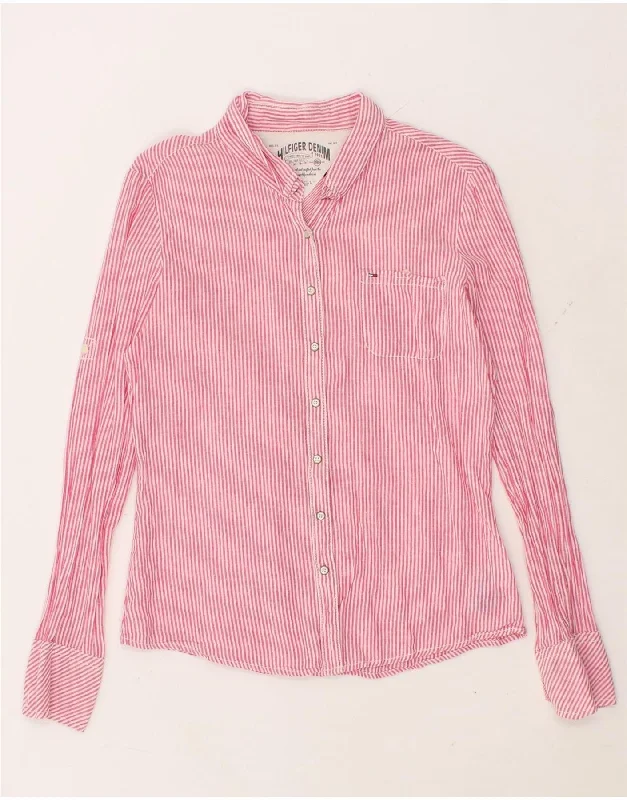 TOMMY HILFIGER Womens Shirt UK 16 Large Pink Pinstripe Linen Relaxed Cotton Short Blouse