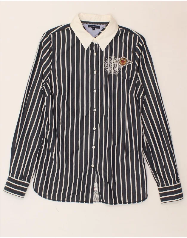 TOMMY HILFIGER Womens Shirt US 10 Large Navy Blue Striped Cotton Comfortable Flowing Short Sleeve TOMMY HILFIGER Womens Shirt US 10 Large Navy Blue Striped Cotton Comfortable Flowing Short Sleeve