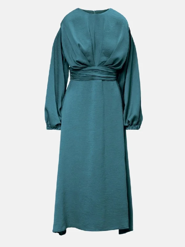 Turquoise Midi Dress With Shoulder Pads Detail And Pleats Comfortable Denim Midi Dress