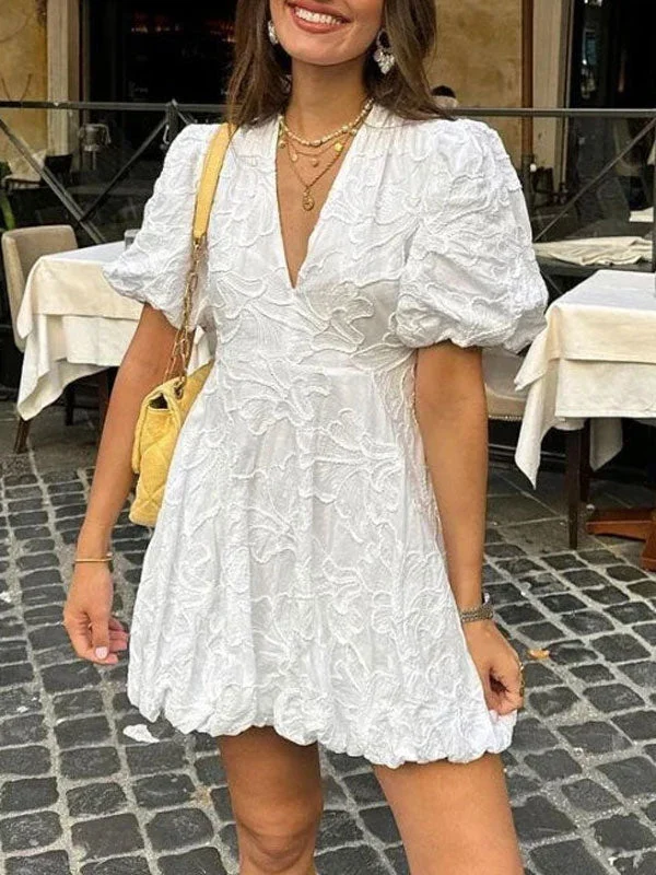 A Line Short Sleeve White Mini Dress Casual High-Waist Mini Dress