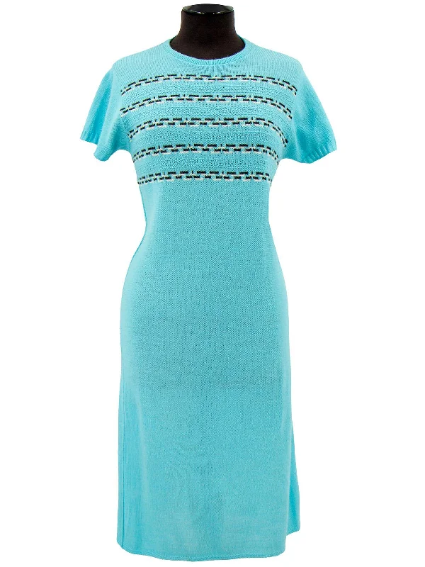 Vintage 1950s Cyan Blue Knitted Midi Dress Stylish Satin Midi Dress