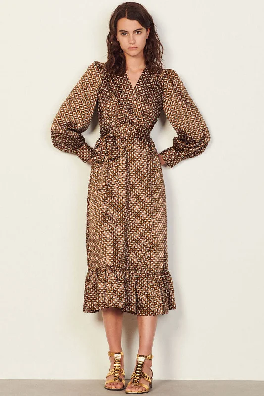 Vintage Floral Printed Long Sleeve Ruffle Wrap Midi Dress - Coffee Trendy Off-Shoulder Button Midi Dress