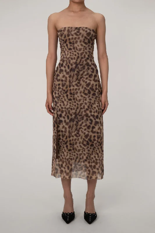 Vintage Leopard Print Strapless Split Sheath Mesh Cocktail Party Midi Dress Comfortable Sleeveless Midi Dress