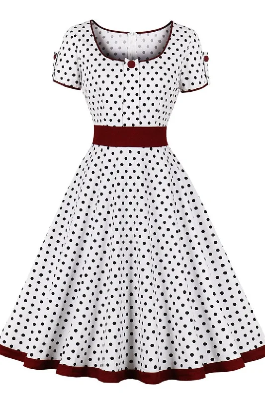 Vintage Polka Dot Short Sleeve A-Line Midi Dress Elegant Puff Sleeve Midi Dress