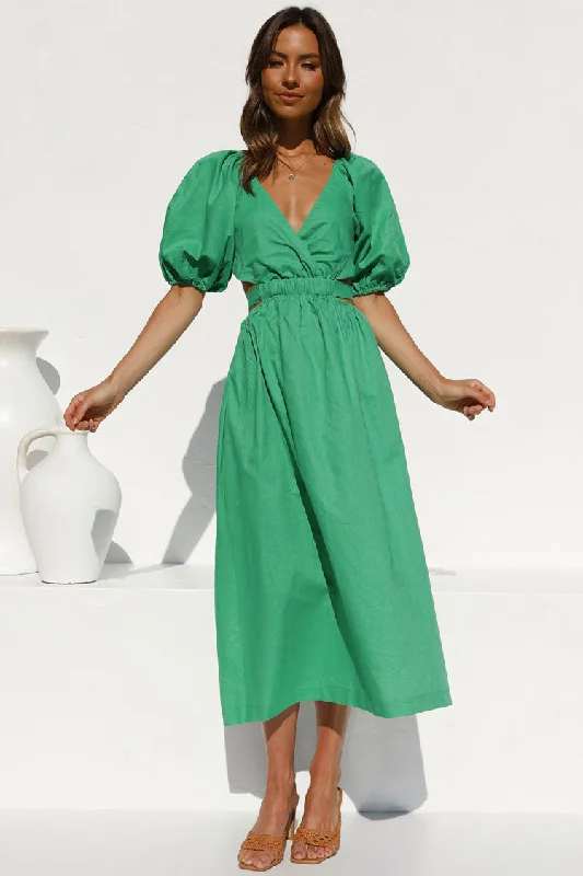 Vintage Puff Sleeve Deep V Cutout Beach Vacation Midi Dress - Green Fashionable Polka Dot Midi Dress