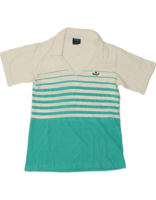 VINTAGE Womens Polo Shirt IT 42 Medium Turquoise Striped Stylish Pleated Short Sleeve