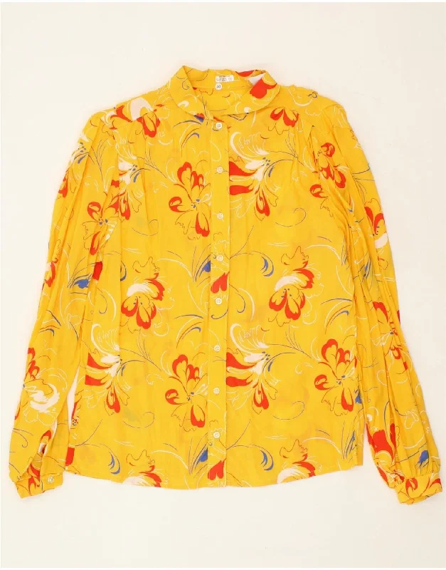 VINTAGE Womens Shirt Blouse EU 38 Medium Yellow Floral Viscose Fashionable Short Sleeve Shirt