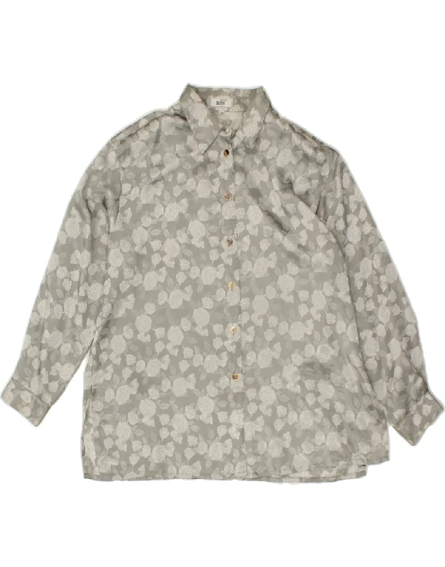 VINTAGE Womens Shirt Blouse EU 46 XL Grey Floral Classic V-Neck Short Shirt