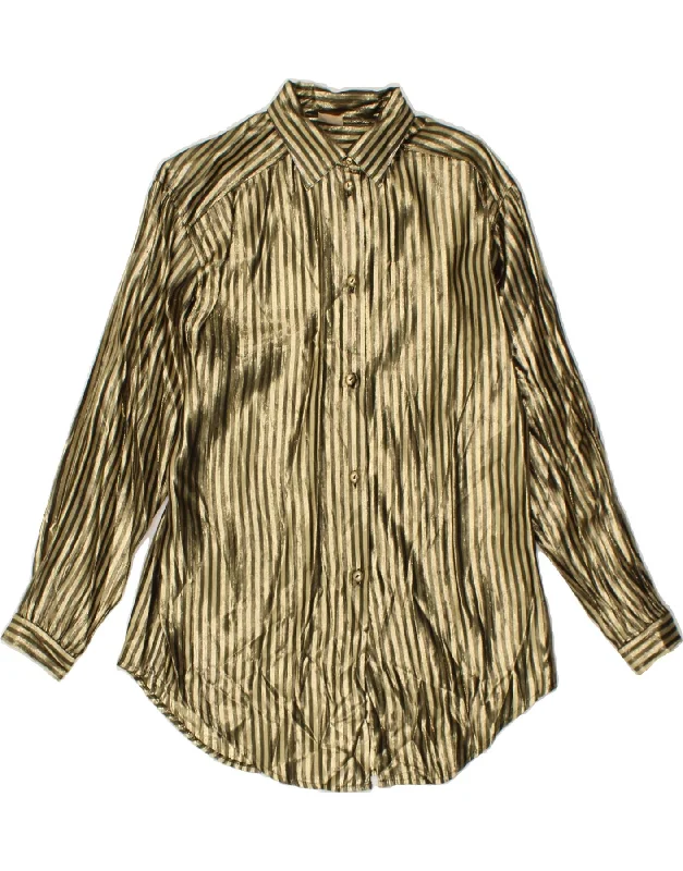 VINTAGE Womens Shirt Blouse IT 42 Medium Gold Striped Viscose Trendy Print Short Sleeve